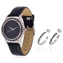 Black Spinel Accented Watch with Matching Hoop Earrings