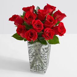One Dozen Red Roses with Music Vase & Chocolates