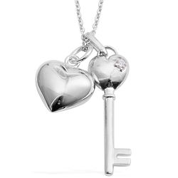 Austrian Crystal Silver Plated Heart & Key Pendant Necklace