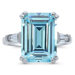 Platinum-Plated Silver Emerald Cut Blue CZ 3-Stone Statement Ring