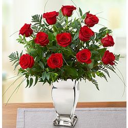 Long Stem Red Roses in Silver Vase