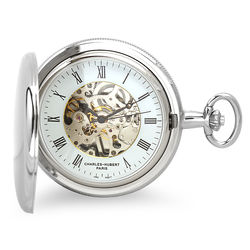 Personalized Silver-Tone Mechanical Pocket Watch and Chain