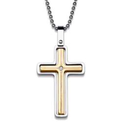 Stainless Steel Two-Tone Cross Necklace with Cubic Zirconia