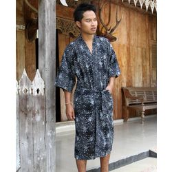 Men's Black Cosmos Cotton Batik Robe
