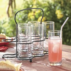 6 Thick-Bottomed Drinking Glasses with Caddy