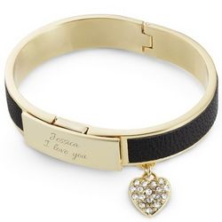 Gold and Black Leather Bangle with Heart Charm