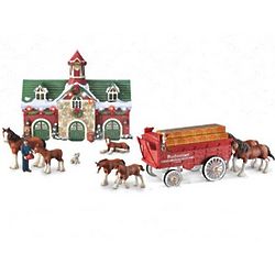 Budweiser Clydesdales Holiday Edition Wagon & Stable Sculpture