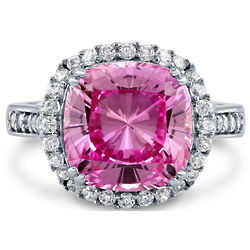 Halo Ring with Pink Cushion Cut Cubic Zirconia in Sterling Silver