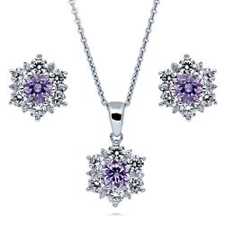 Sterling Silver Purple CZ Flower Necklace and Earrings Set