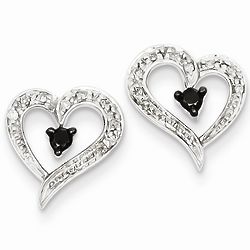Sterling Silver Black and White Diamond Heart Post Earrings