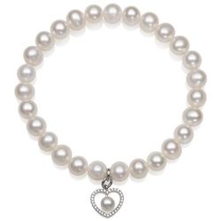 Cultured Pearl & Simulated Diamond Heart Charm Bracelet