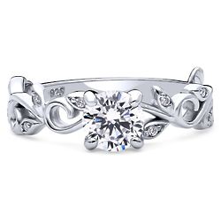 Silver CZ Solitaire Leaf Filigree Ring
