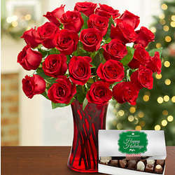 Merry Red Rose Holiday Bouquet with Chocolates