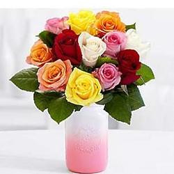 12 Rainbow Mother's Day Roses with Pink Mason Jar & Chocolates