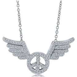 Sterling Silver and Cubic Zirconia Angel Wings Peace Sign Pendant