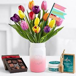 15 Multi-Colored Tulips with Chocolates and Spa Set for Mom