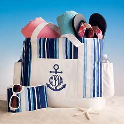 Blue Striped Beach Tote with Anchor Motif
