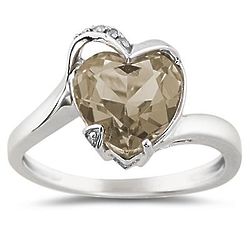 Heart Shaped Smokey Quartz and Diamond Ring in 14K White Gold