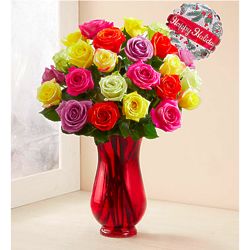 Holiday Roses in Red Vase