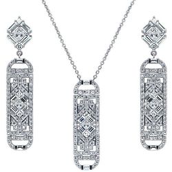 Silver Baguette CZ Art Deco Bar Necklace & Earrings Set