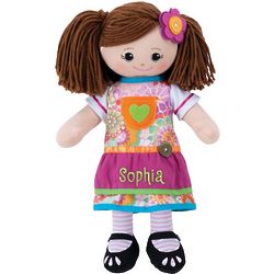 Brunette Doll with Personalized Pink Apron Dress and Hair Clip