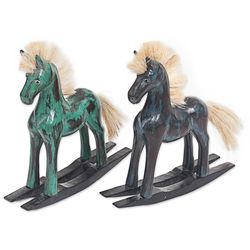 Wood Horse Sculptures in Green and Blue