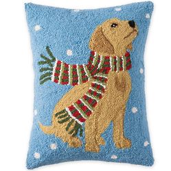 Hooked Wool Holiday Throw Pillow with Yellow Lab and Snowflakes