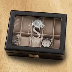Monogrammed Top-Stitch Leather Watch Box