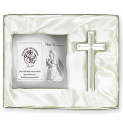 First Communion Cross and Praying Girl Aluminum Picture Frame