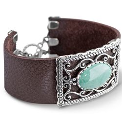 American West Sterling Green Turquoise Leather Toggle Bracelet