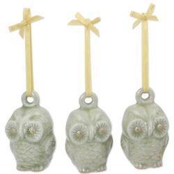 Festive Light Green Owls Celadon Ceramic Ornaments Set