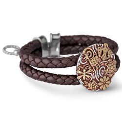 Sterling Brass Pottery Design Braided Leather Bracelet