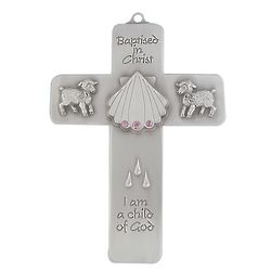 Girl's Pewter Baptismal Cross with Pink Crystals