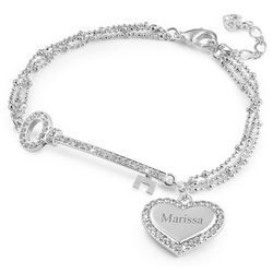 Personalized Silver Heart and Key Bracelet with Beaded Chain