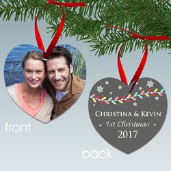 Couples First Christmas Heart Shaped Aluminum Photo Ornament