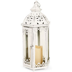 White 6-Sided Metal Lantern with LED Candle
