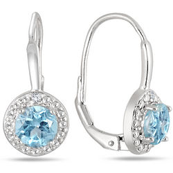 Blue Topaz and Diamond Lever Back Earrings in Sterling Silver