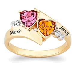 18K Gold Over Sterling Couples Birthstone Heart Name Diamond Ring