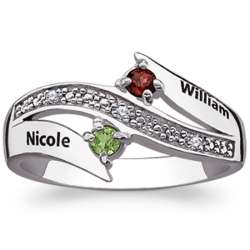 Couple's Sterling Silver Name and Birthstone Diamond Ring