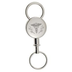 Personalized Round Silver Detachable Key Chain with Caduceus