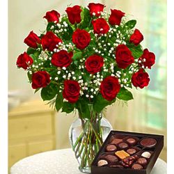 18 Long Stem Red Roses and Assorted Chocolates