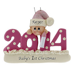 Personalized 2014 Baby's 1st Christmas Pink Ornament