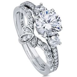 Sterling Silver Round CZ 3-Stone Engagement Ring Set