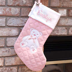 Embroidered First Christmas Pink Stocking