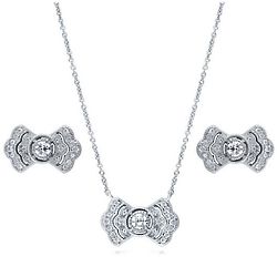 Sterling Silver & CZ Bow Tie Milgrain Necklace and Earring Set