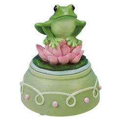 Gorgeous Green Frog On Top of a Lotus Flower Musical Figurine