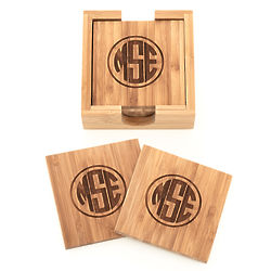 Engraved Block Style Monogram Bamboo Square Coasters