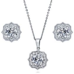 Silver Art Deco CZ Milgrain Bridesmaids Necklace & Earring Set