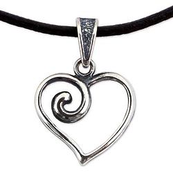 Spiraling Heart Sterling Silver and Leather Pendant Necklace
