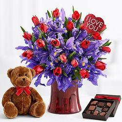 Ultimate Deluxe Hugs & Kisses Bouquet, Chocolates and Teddy Bear